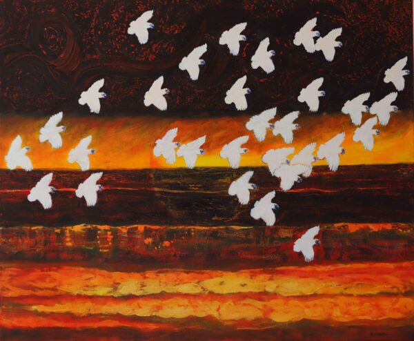 A painting of birds flying over a red-orange background